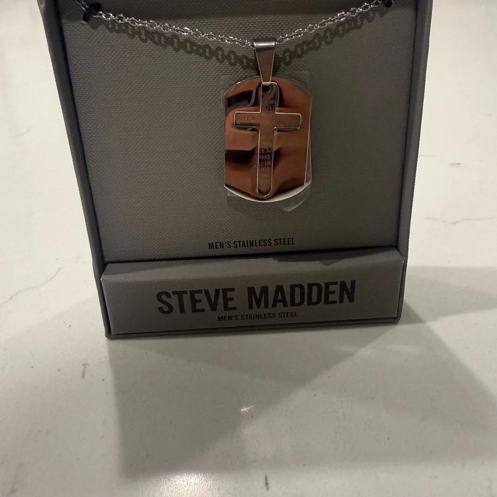 Steve Madden Silver Stainless Steel Dog Tag Necklace